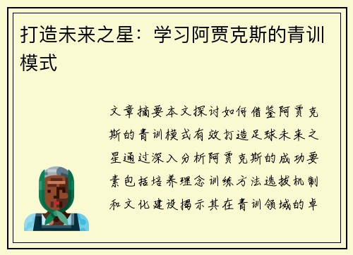 打造未来之星:学习阿贾克斯的青训模式 打造未来之星:学习阿贾克斯的青训模式