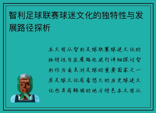 智利足球联赛球迷文化的独特性与发展路径探析
