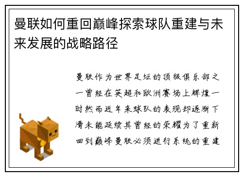 曼联如何重回巅峰探索球队重建与未来发展的战略路径