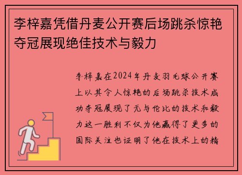 李梓嘉凭借丹麦公开赛后场跳杀惊艳夺冠展现绝佳技术与毅力 李梓嘉凭借丹麦公开赛后场跳杀惊艳夺冠展现绝佳技术与毅力