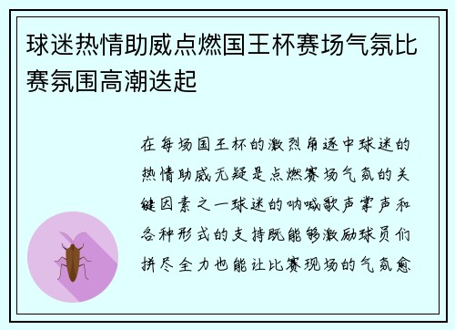 球迷热情助威点燃国王杯赛场气氛比赛氛围高潮迭起