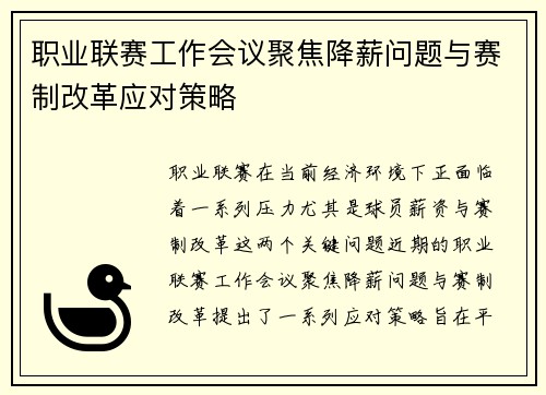 职业联赛工作会议聚焦降薪问题与赛制改革应对策略
