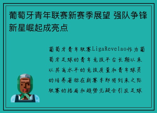 葡萄牙青年联赛新赛季展望 强队争锋新星崛起成亮点